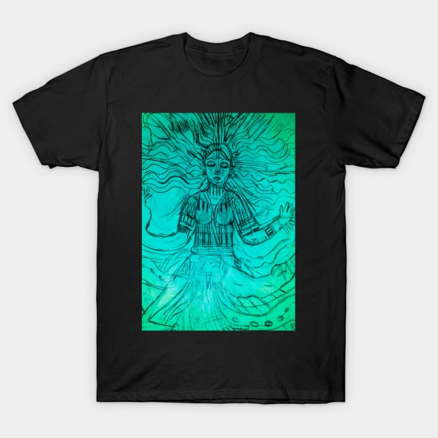 Buddhist girl teal T-Shirt by QuiqueWarrior